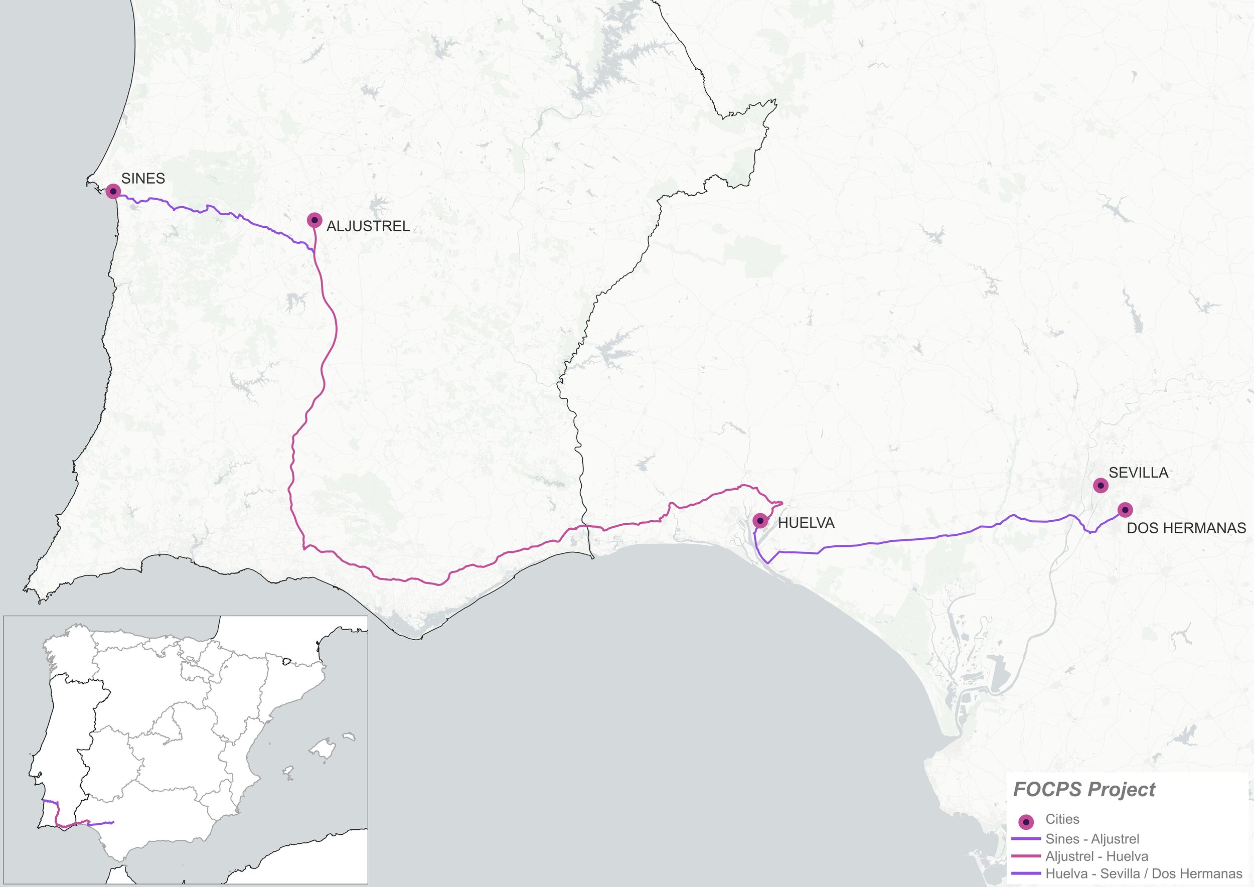 Detailed corridor route: Sines · Ajustrel · Huelva · Sevilla